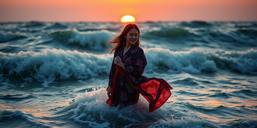 a woman in a flowing kimono standing in turbulent waves at sunset, vibrant red and orange splashes around her, high-resolution, 50mm lens, f/1.8 aperture, ISO 100, shot at dusk, using a full-frame DSLR