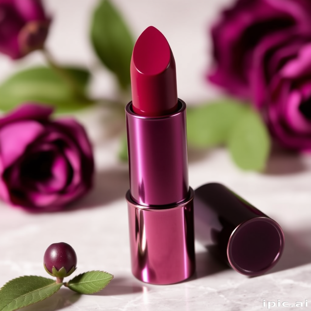 Deep plum satin lipstick "Velvet Twilight" with a creamy texture and rich color payoff, ideal for sophisticated evening looks and fall makeup, infused with nourishing ingredients