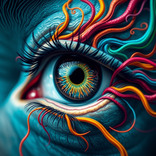 Create a detailed illustration of a surreal eye with colorful swirling tendrils in a vibrant style, using a Canon EOS 5D Mark IV with a 50mm f/1.4 lens, aperture set to f/5.6, ISO 100, and shot from a close-up angle to enhance texture and detail.