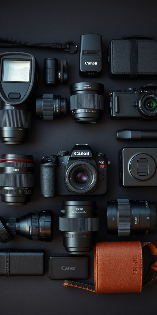 a flat lay composition of professional camera equipment including lenses, flash, and accessories, shot with a Canon EOS R5 at f/2.8 aperture, ISO 100, shutter speed 1/60 sec, using natural light for a soft look, and a dark background for contrast
