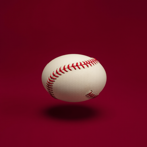 Create a high-resolution image of a baseball floating above a dark green shadow on a solid burgundy background, using a DSLR camera with an aperture of f/2.8, a shutter speed of 1/250s, and ISO 100, captured from a 45-degree angle to enhance depth and detail.
