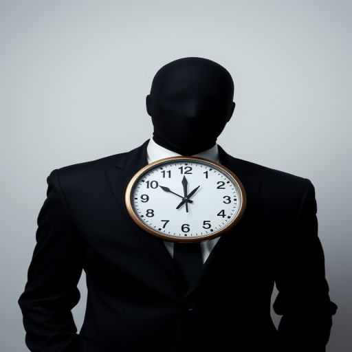 Create an image of a faceless figure in a black suit with a clock as a head, set against a solid background, using a DSLR camera with a 50mm lens, f/1.8 aperture, ISO 100, 1/200 sec shutter speed, high dynamic range, and soft lighting for enhanced quality.