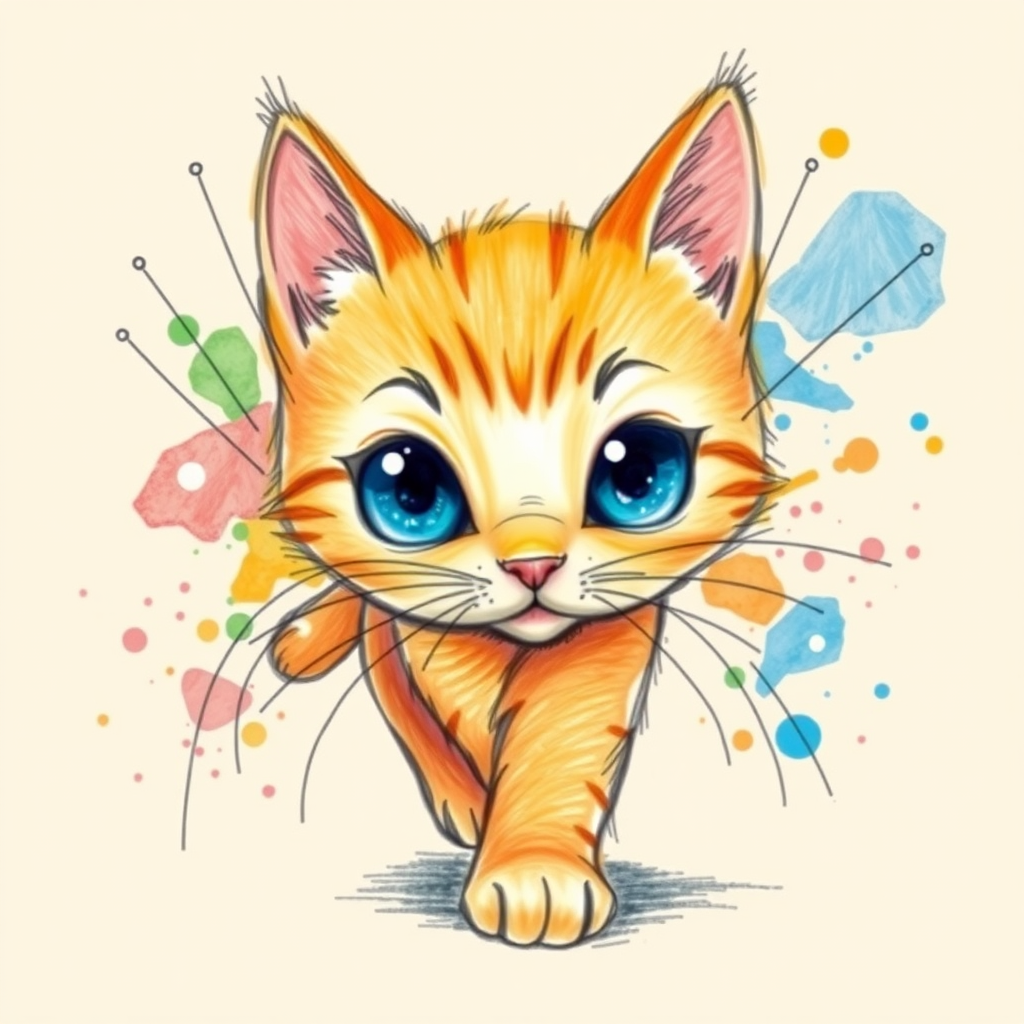 A vibrant childs coloured pencil drawn illustration of a bright orange cat with large, expressive blue eyes, a very cute style. The cat appears to be walking towards the viewer, surrounded by an abstract splash of colors and fine black lines, giving the image a dynamic and artistic flair. The background is a soft beige, highlighting the cat's vivid coloration and playful demeanor. Naively drawn scratchy line style.