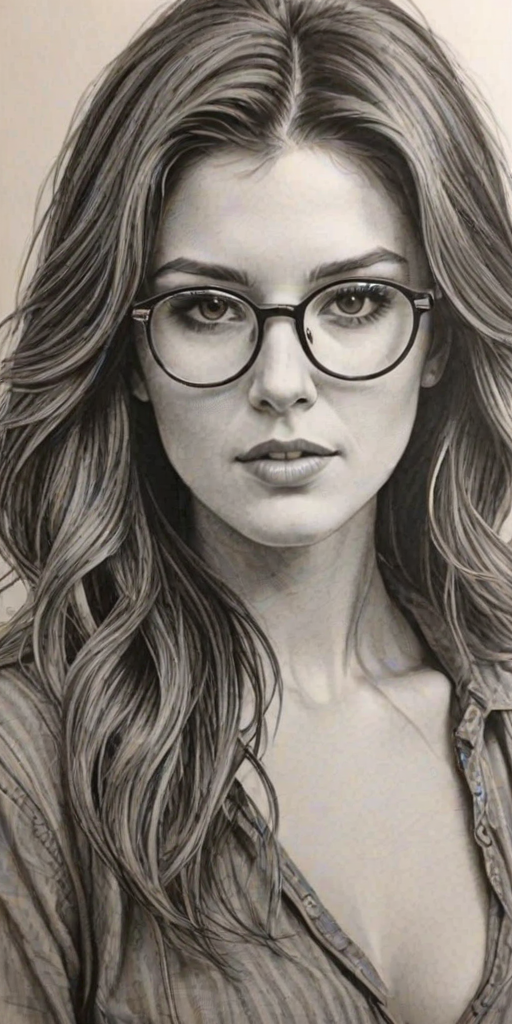 Magnificent Shenae Grimes, pencil sketch, portrait of Exquisite woman 1977s in glasses, hair style beatnik, outline, clear lines, fine lines, 8k