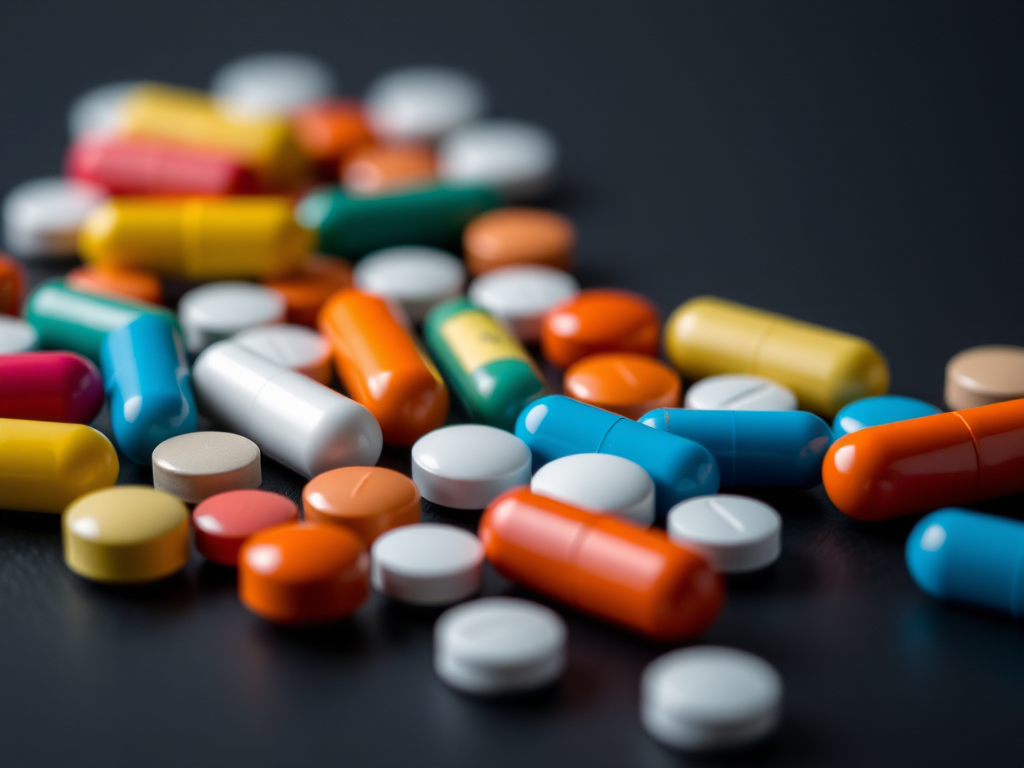 Close-up shot of assorted colorful capsules and tablets on a dark background, with a shallow depth of field, macro lens, f/2.8 aperture, ISO 200, 50mm lens, natural lighting.