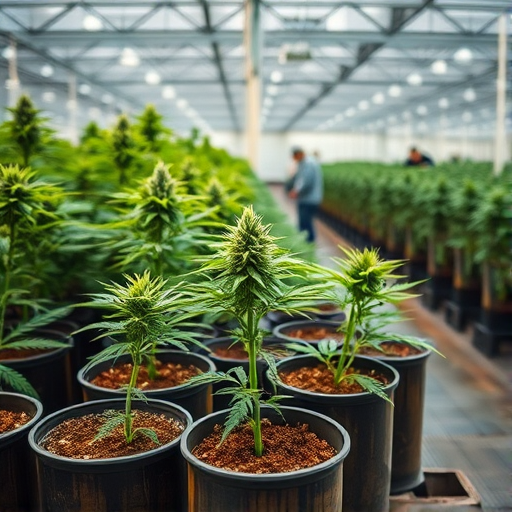 photograph a greenhouse interior with young cannabis plants in pots in the foreground and workers tending to the plants in the background, shot with a Canon EOS R5, 24mm lens, aperture f/2.8, ISO 100, shutter speed 1/200 sec, with a shallow depth of field to emphasize the plants while softly blurring the background