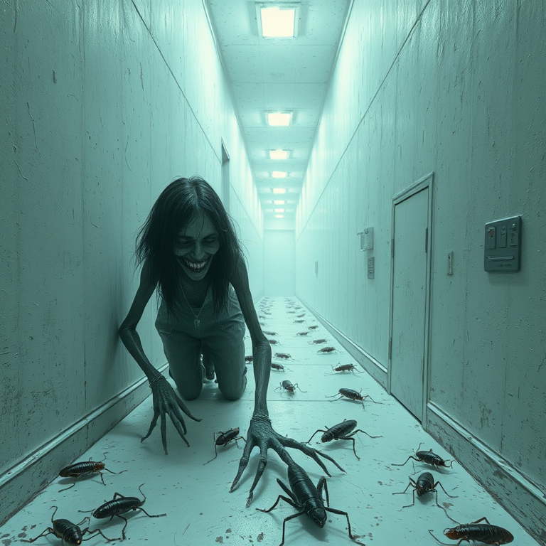 a crooked female with long arms and a creepy smile is crawling along a long white corridor and you can also see cockroaches in it there is a creepy atmosphere creepy art style
