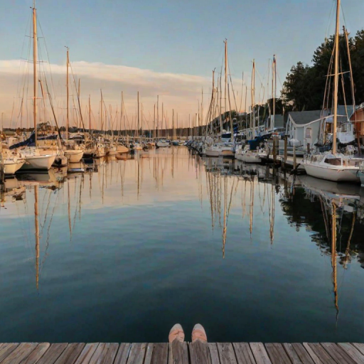 Small harbor filled with sailboats, the water reflecting the late afternoon sky, and a woman sitting at the edge of the dock, her feet dangling over the water.