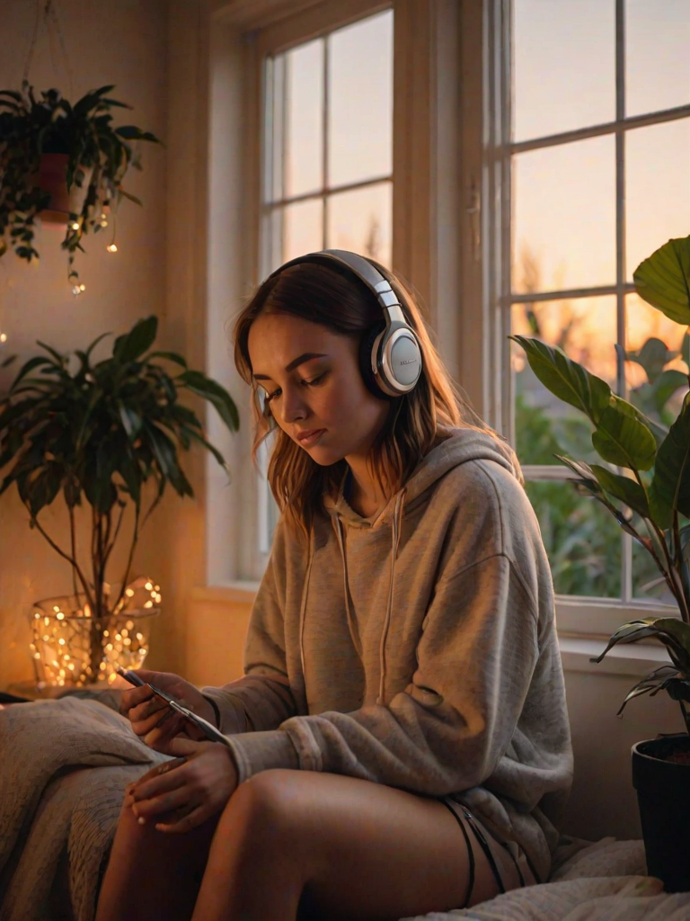 a cozy room at sunset with a girl sitting by the window wearing headphones, lost in thought, soft warm lighting, plants in the background, a peaceful atmosphere