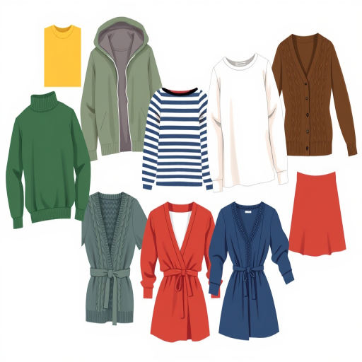 Create an illustration of ten different clothing designs including a yellow turtleneck, a gray hoodie, a green sweater, a striped off-shoulder top, a plain white shirt, a brown cardigan, a dark green cable-knit sweater, a blue v-neck, a brown dress with a belt, and a red dress with puffed sleeves, in a flat lay style with a Canon EOS R5, 50mm lens, aperture f/2.8, ISO 100, soft lighting, and high-resolution focus.