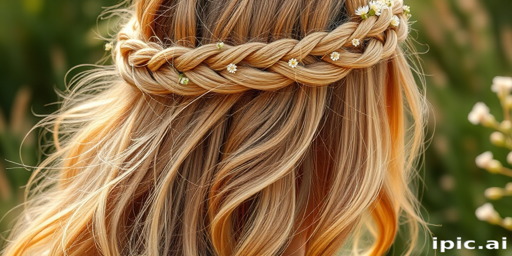 Sun-kissed honey blonde braided crown transitioning into loose bohemian waves adorned with tiny wildflowers, capturing free-spirited charm named Meadow Whisper