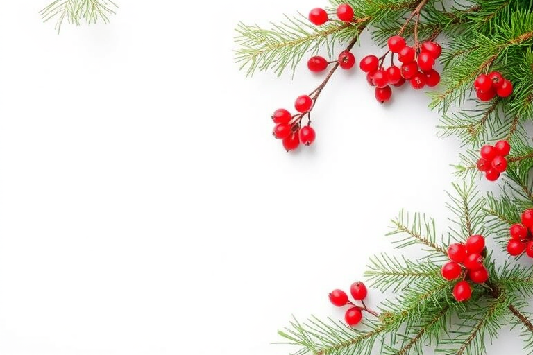 Generate an image of a winter-themed background with evergreen branches and red berries. The composition should feature a light, neutral background, with the greenery and berries positioned in one corner to create a festive atmosphere.