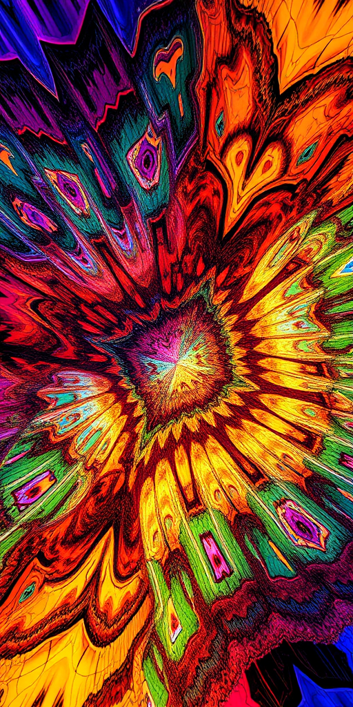 Generate a high-resolution abstract image with vibrant colors, sharp contrast, and intricate patterns shot with a DSLR camera at aperture f/8, ISO 200, shutter speed 1/125s, using a wide-angle lens in natural lighting from a bird's-eye view.