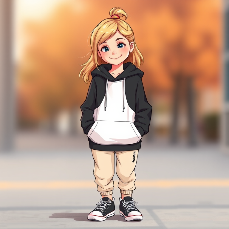 Create a vibrant digital illustration of a cheerful young girl with blonde hair wearing a stylish black and white hoodie, light beige joggers, and sneakers, standing confidently with a playful smile, soft focus background with warm tones, shot with a Canon EOS R5, 50mm lens, aperture f/1.8, shutter speed 1/200s, ISO 100.