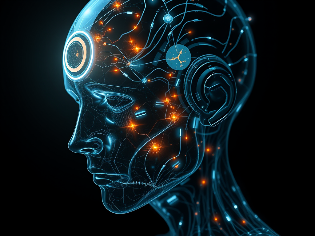 Create a high-resolution digital artwork of a futuristic human head with visible neural circuitry and glowing elements against a dark background, captured with a Canon EOS R5, 50mm lens, f/1.8 aperture, ISO 100, in soft focus style, with dramatic lighting to enhance depth and detail.