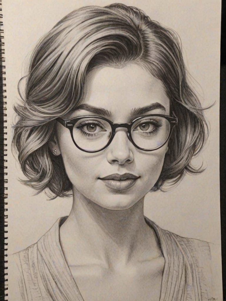 Pleasing Sarah Hyland, pencil sketch, portrait of Ravishing woman 1931s in glasses, hair style beatnik, outline, clear lines, fine lines, 8k