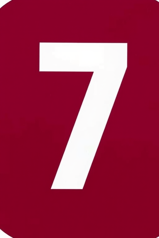 Create a close-up of a large number "7" in a bold, clear font, centered within a round maroon background, shot with a DSLR camera, 50mm lens, f/2.8 aperture, ISO 100, natural light.