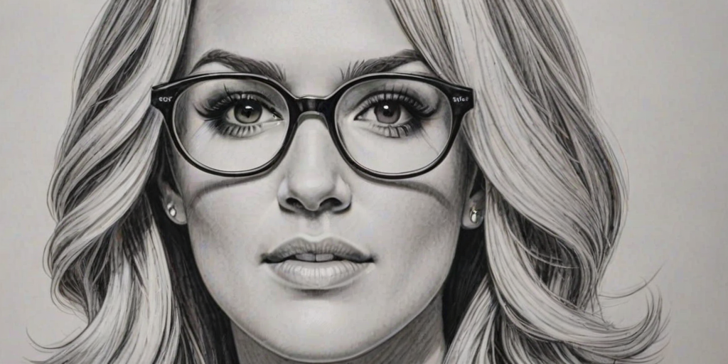 Splendid Carrie Underwood, pencil sketch, portrait of Magnificent woman 1945s in glasses, hair style beatnik, outline, clear lines, fine lines, 8k