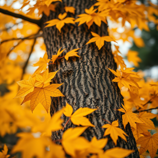 Capture a close-up shot of a tree trunk surrounded by vibrant autumn leaves, using a DSLR camera with a 50mm lens, aperture set to f/2.8 for a shallow depth of field, ISO 100, and a warm color temperature setting to enhance the golden hues of the leaves.
