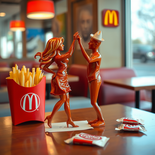 A hyperdetailed image of a woman made entirely of ketchup dancing with a stick figure man made of french fries, placed on a table at a McDonald's restaurant. Add a McDonald's french fry box and some open, empty ketchup packets to the table.