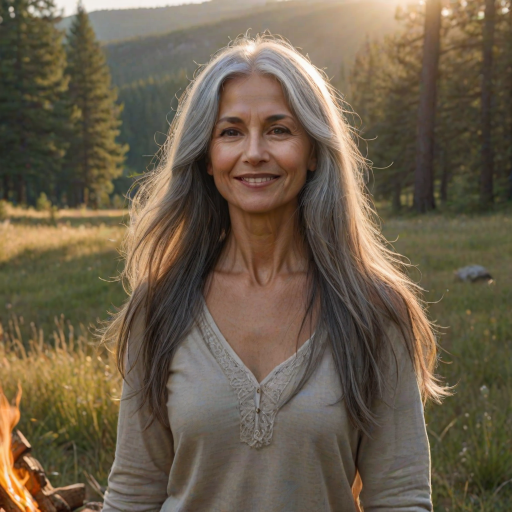 ultrarealistic, beautiful caucasian woman, Indian pirouette on her head, gray hair, long straight hair, the sun gently illuminates her hair. Ultrarealistic skin, stands in the meadow, 1 girl, age - about 50 years old, swarthy complexion, ultrarealistic skin, smiles gently, stands near the campfire. She looks sexy