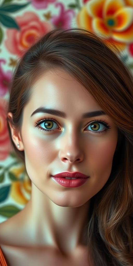 portrait of a woman with a floral background, vibrant colors, high detail, soft lighting, 50mm lens, f/1.8 aperture, ISO 100, shallow depth of field, shot with a DSLR.