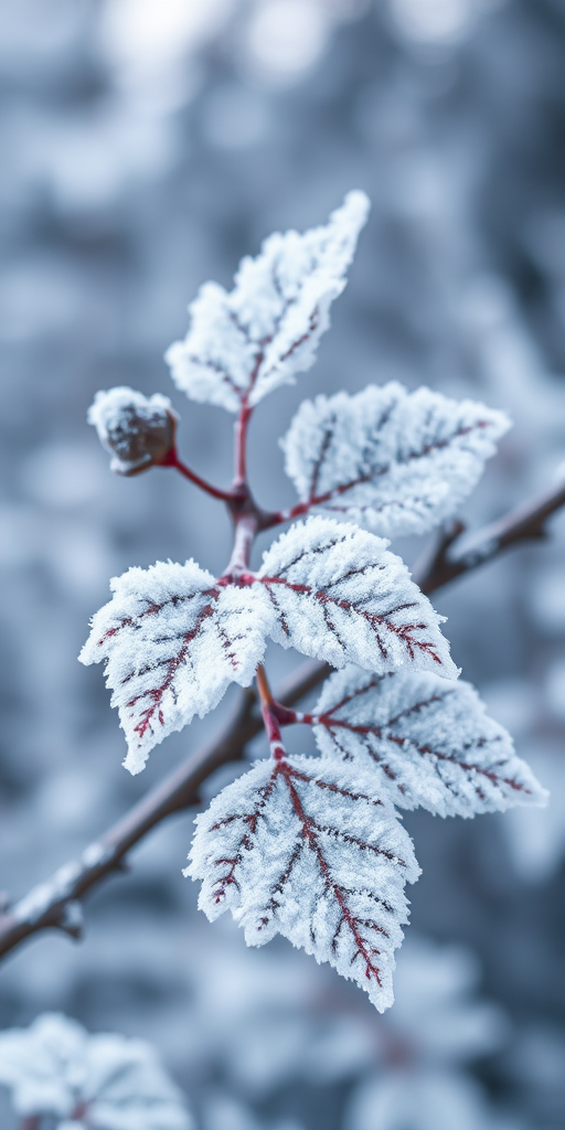 macro shot of frost-covered leaves on a branch in a crisp winter landscape with blurred background, aperture f/2.8, shutter speed 1/200s, ISO 100, DSLR camera, natural lighting
