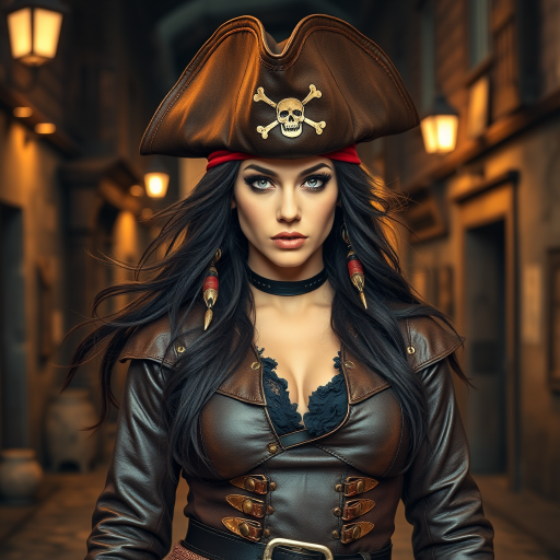 Create a portrait of a fierce female pirate. She wears a leather tricorn hat adorned with a skull and crossbones emblem, and her long, dark hair flows around her face. Her outfit consists of a richly detailed leather jacket, a corset, and multiple layers of belts and accessories, giving her a formidable and stylish appearance. She stands confidently in a dimly lit, historic port town, with a backdrop of weathered buildings and cobblestone streets, capturing the adventurous spirit of a pirate.