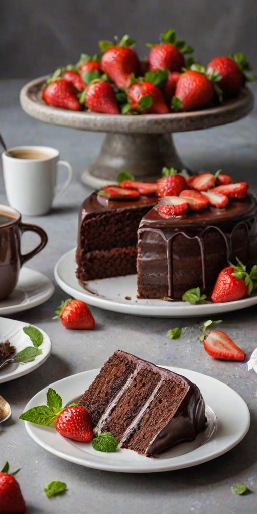 Create an image of a round chocolate cake topped with fresh strawberries and mint leaves. The cake should have a glossy chocolate ganache dripping down the sides and be placed on a white plate. Include a cup of coffee in the background and some strawberries scattered around the plate. The setting should have a cozy, inviting atmosphere.