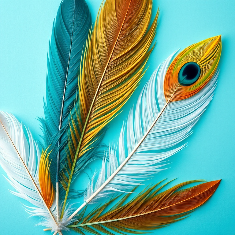 Generate an image of colorful feathers in teal, gold, and white arranged artistically on a soft turquoise background, shot with a 50mm lens at f/1.8, 1/125s shutter speed, ISO 100, using a macro camera style for enhanced detail and depth.