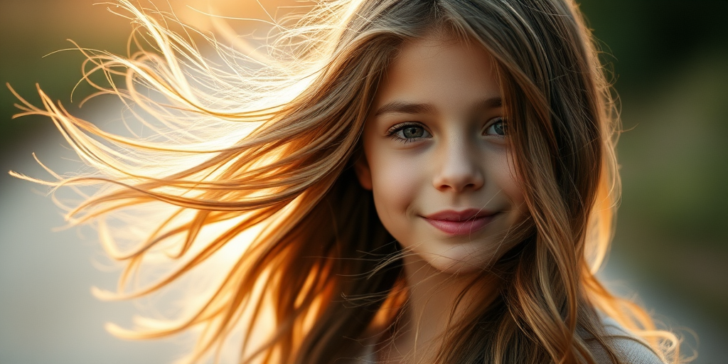 Portrait of a girl with wavy hair flowing in the wind, soft focus background, golden hour lighting, aperture f/1.8, shutter speed 1/200s, ISO 100, DSLR camera, 50mm lens, natural light.