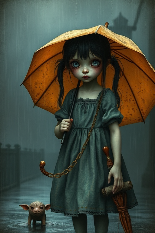 An eerie, weird little girl with dark hair in thin pigtails, wearing a smock dress, standing in the rain, holding a dirty orange umbrella, a small, odd creature beside her. In a surreal style inspired by Nicoletta Ceccoli and Brian Froud. Dark fantasy themes