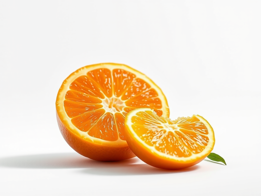Create a high-resolution illustration of an orange and a cut half with vibrant colors, soft lighting, and a clean white background, using a Canon EOS R camera, 50mm lens, f/4 aperture, ISO 100, and a shallow depth of field for enhanced detail and clarity.