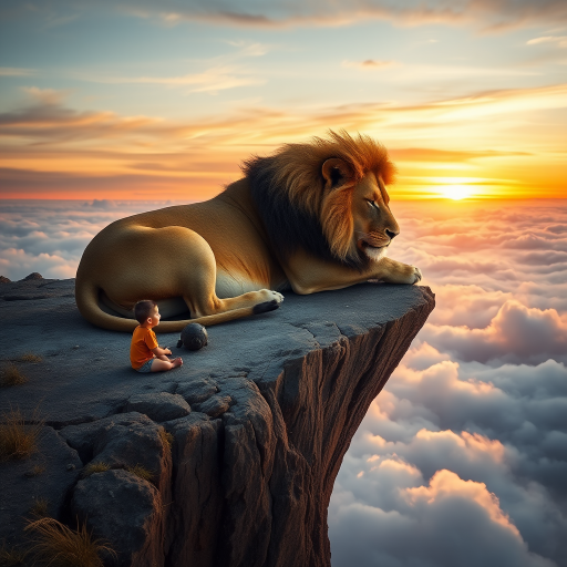 capture a dreamlike scene of a giant sleeping lion beside a child sitting on a cliff above clouds at sunset with soft focus, f/2.8 aperture, 50mm lens, DSLR camera, golden hour lighting