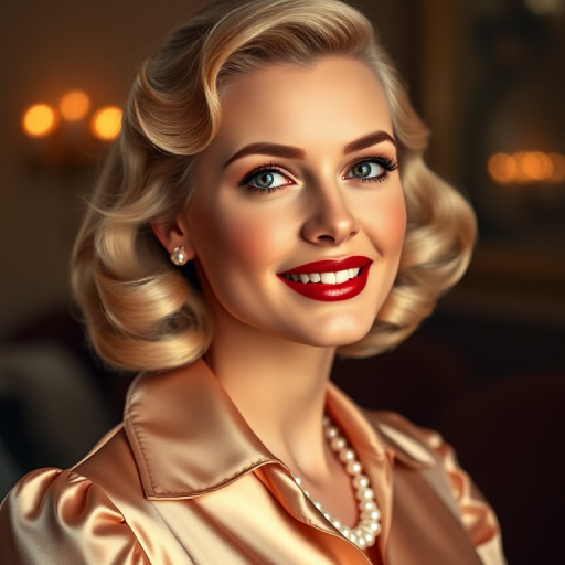 A beautiful woman reminiscent of 1950s Hollywood glamour, with perfectly styled blonde hair and a seductive smile, dressed in a satin blouse and adorned with pearls, soft and warm tones, photorealistic, 8K