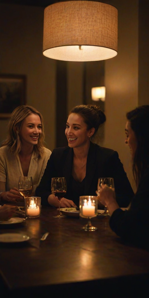 Low-light, intimate image of a group of friends sitting around a table in a dimly lit restaurant, soft glow from candles reflecting off wine glasses, quiet laughter and conversation filling the room, shadows flickering on the walls from the candlelight.