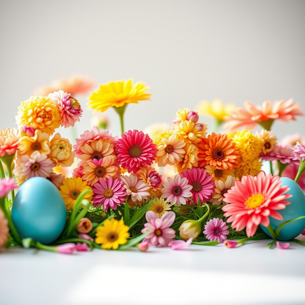 Create a vibrant and colorful Easter-themed text made of flowers, using a 50mm lens, f/1.8 aperture, ISO 100, soft natural light, and a tilted perspective to enhance depth and clarity.