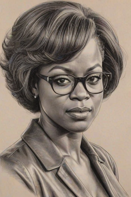 Gorgeous Viola Davis, pencil sketch, portrait of Fetching woman 1961s in glasses, hair style beatnik, outline, clear lines, fine lines, 8k