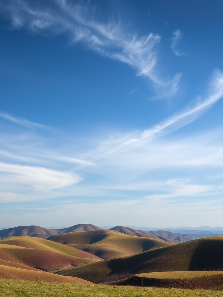 Generate a high-resolution image of a serene landscape featuring rolling hills under a clear blue sky with wispy clouds, shot with a Canon EOS 5D Mark IV at f/8, ISO 100, 1/250s, using a wide-angle lens from a low perspective to capture depth and vibrant colors.