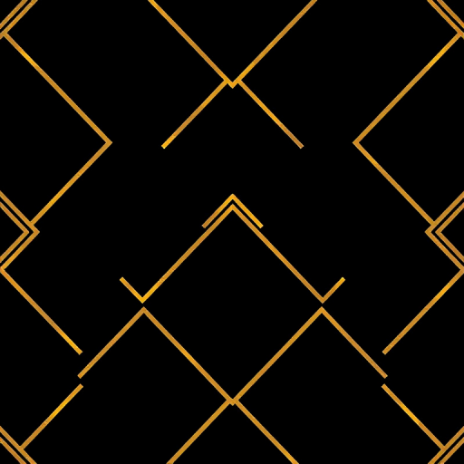 Create a seamless geometric pattern with gold lines on a black background, using a high-resolution digital camera, 50mm lens, f/8 aperture, ISO 100, top-down view, and a soft focus style for enhanced texture.