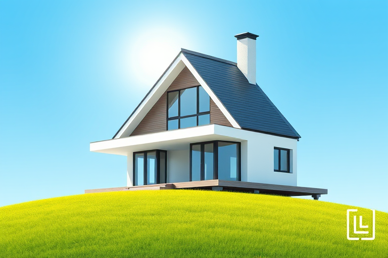 Create a high-resolution illustration of a modern house with a sloped roof and large windows, situated on a platform above green grass, with a clear blue sky and a bright sun in the background, using a digital camera set to a 35mm focal length, f/8 aperture, and 1/200 shutter speed for optimal clarity, with an isometric perspective to highlight architectural details.