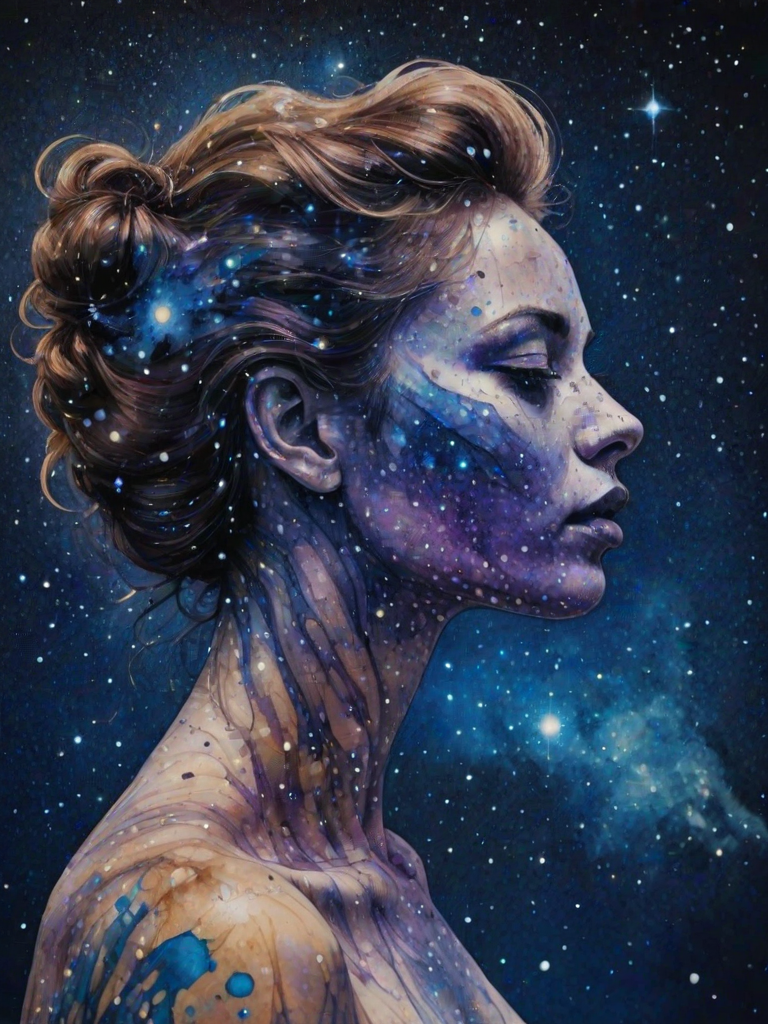 Captivating conceptual render alcohol ink art, double exposure, the paint strokes artfully merge combining a woman's full silhouette with a Cordial camel's silhouette. The figures are composed of a series of colored dots, lines & spots that evoke the image of a cosmic galaxy, colors are deep shades of blue purple & black with flashes of white & silver representing distant stars. The woman's silhouette is formed within the lion's silhouette from constellations of scattered stars, surreal