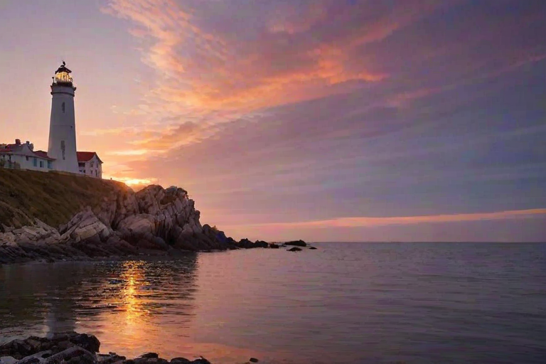 Generate an image of a tall lighthouse perched on a rocky outcrop surrounded by calm ocean waters during a breathtaking sunset. The lighthouse stands sturdy and weathered, its stone surface illuminated by the warm golden light of the setting sun. The sun's rays pass directly through the glass lantern room at the top of the lighthouse, casting a brilliant light across the scene. The sky is painted with vibrant shades of orange, pink, and purple, reflecting off the tranquil sea. The surrounding water shimmers with the same warm hues, creating a serene and majestic atmosphere.