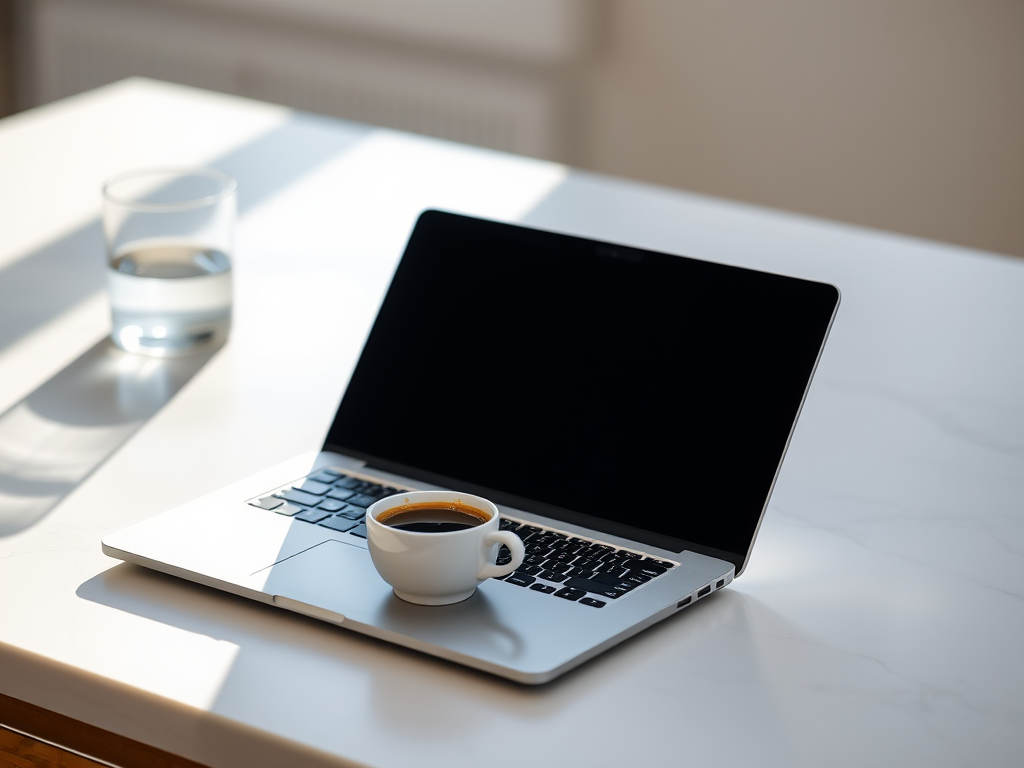 A sleek laptop open on a white marble countertop next to a small espresso cup and a glass of water, captured in soft natural light, with a shallow depth of field, using a Canon EOS R5, 50mm lens, aperture f/1.8, ISO 100, shutter speed 1/200s, focusing on the coffee cup while softly blurring the background.