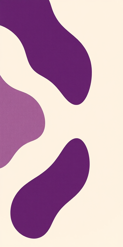 Create an abstract graphic composition featuring organic shapes in rich purple against a soft beige background, shot with a Canon EOS R5 at 50mm, f/2.8, ISO 100, in natural light for enhanced clarity and detail.