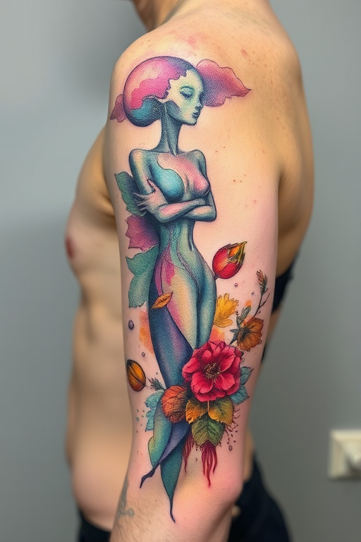 Surrealist watercolor tattoo dubbed "Dreamscape Fusion" blending elements of nature and the human form in a fluid, dreamlike composition, with soft washes of pastel colors melting into each other and morphing recognizable objects into fantastical new creations, perfect for those who appreciate abstract and thought-provoking art