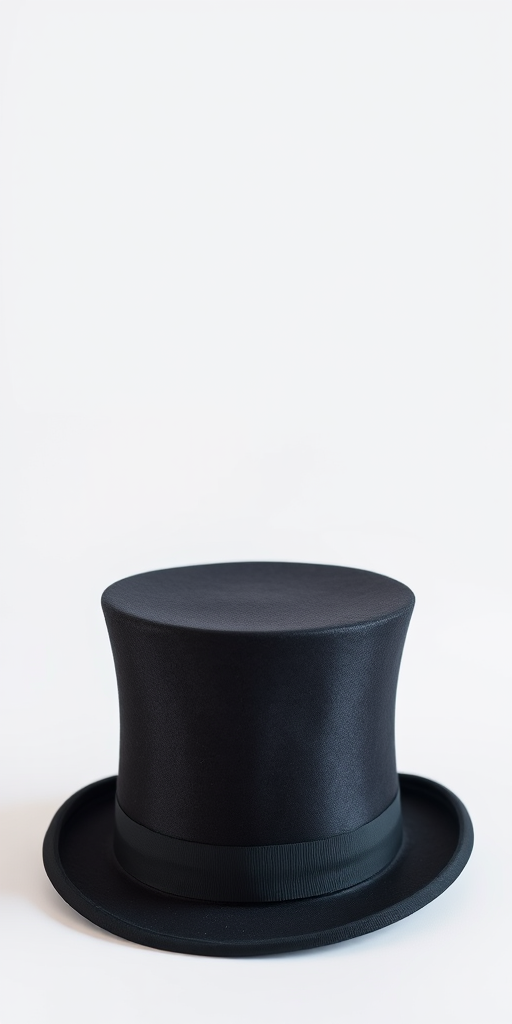 Create a high-resolution image of a classic top hat on a plain white background using a DSLR camera with a 50mm lens, aperture set to f/2.8, ISO 100, and soft natural lighting for enhanced detail and texture.