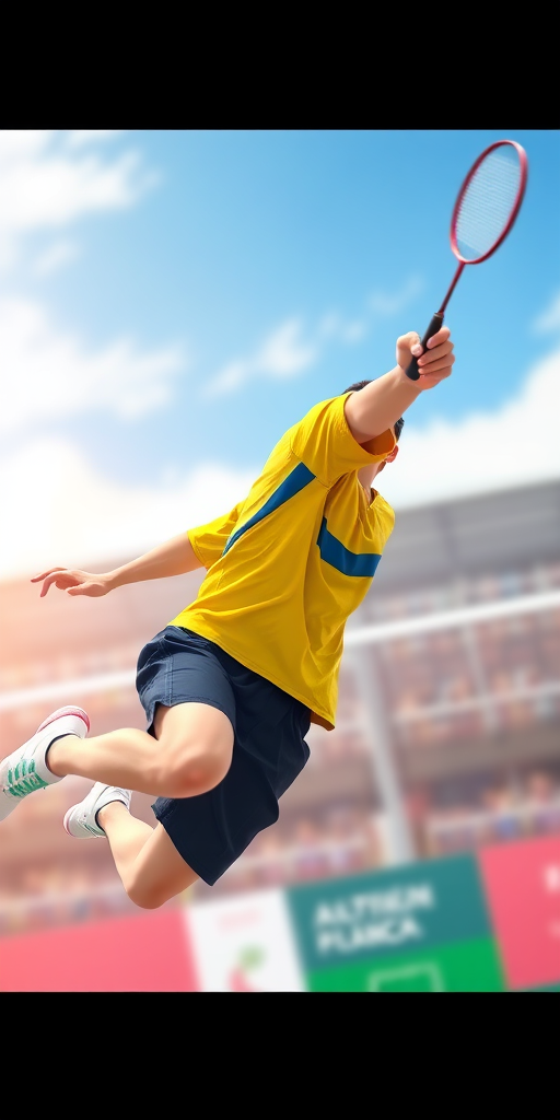 Create a vibrant illustration of a male badminton player in mid-jump, wearing a yellow shirt with blue stripes and black shorts, using a dynamic angle with a shallow depth of field, simulating a high-speed camera style with fast shutter speed settings, emphasizing action and energy in the scene.