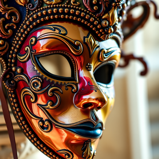 Create an ornate Venetian mask with detailed carvings and vibrant colors, focusing on intricate patterns and a glossy finish, captured with a DSLR camera at f/1.8, ISO 100, 50mm lens, in soft natural light, with a shallow depth of field and a slight vignette effect.