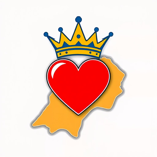 Create a high-resolution digital illustration of a stylized map combining the elements of a crown and a heart, using vibrant colors: yellow and blue for the crown on top, and red and white for the heart below, captured with a Canon EOS 5D Mark IV at f/8, ISO 100, 50mm lens, top-down view, vector graphic style for crisp lines and vibrant colors.